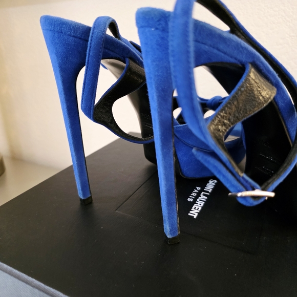 Saint Laurent YSL Blue Suede Platform Stiletto Ankle Strap Buckle Heels EU 38.5 - Picture 8 of 11